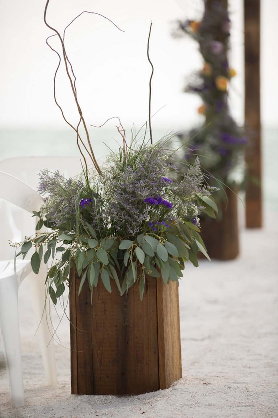 Purple and Green Floral Wedding Ceremony Aisle Decor Flowers in Wooden Boxes