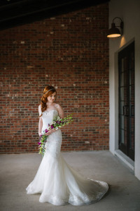 Ybor City Bridal Wedding Portrait in White, Strapless Lace Wedding Dress and Purple and Green Floral Wedding Bouquet | Coppertail Brewing Co
