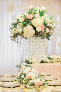 Wedding Reception Table Decor with Tall, Crystal Centerpieces and Ivory and Blush Pink Flowers