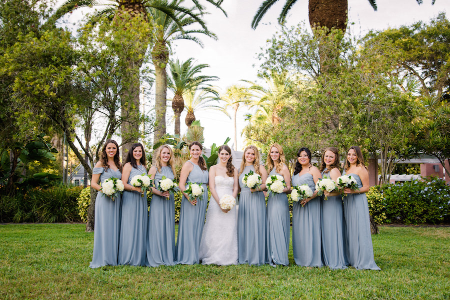 Outdoor St. Petersburg Bridal Party Wedding Portrait | Light Blue Dessy Bridesmaid Dresses and White Strapless Jenny Lee Wedding Dress with White and Ivory Wedding Bouquet