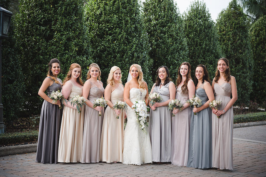 Bridal Party Wedding Day Portrait in Ombre Blush, Grey, Champagne Flowing Bridesmaid Dresses with Bride | Tampa Bay Wedding Photographer Marc Edwards Photographs