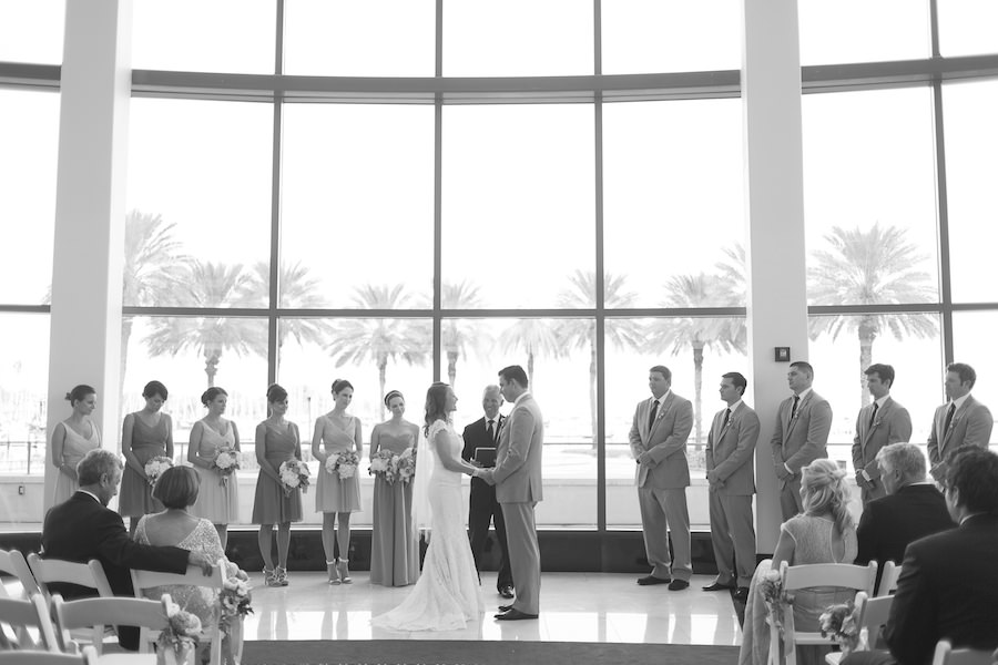 Indoor St. Pete Wedding Ceremony with Palm Tree Backdrop| St.Pete Wedding Venue The Mahaffey Theatre | Saint Petersburg Wedding Photographer Roohi Photography