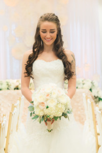 Bridal Wedding Portrait in Ivory, Lace Strapless Wedding Gown and Ivory Bouquet of Flowers