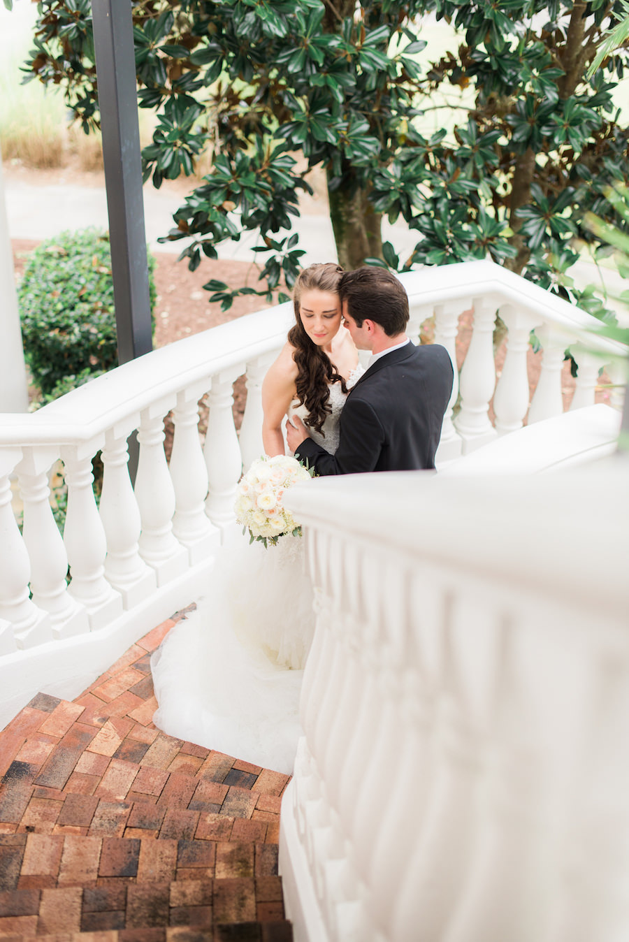 Bride and Groom Outdoor Wedding Portrait on Bricked Paved, White Staircase | Tampa Bay Brooksville Wedding Venue Southern Hills Plantation Club