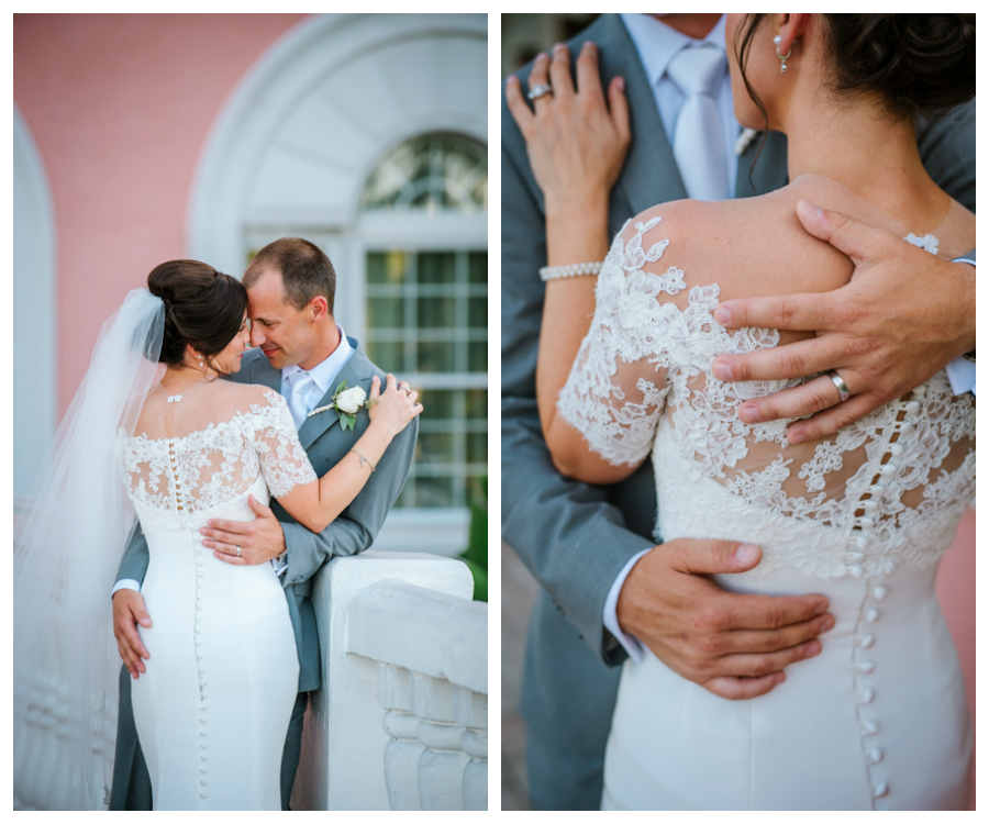 Bride and Groom, Outdoor St. Petersburg Wedding Portrait at the Loews Don CeSar | Off the Shoulder, Lace, White Wedding Gown | St. Pete Beach Hair and Makeup Lasting Luxe