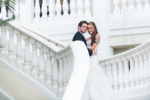 Bride and Groom Outdoor Wedding Portrait on Bricked Paved, White Staircase | Tampa Bay Brooksville Wedding Venue Southern Hills Plantation Club