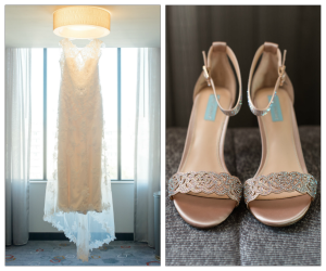 Ivory, Beaded Lace Wedding Dress and Gold, Beaded Strapped Wedding Shoes