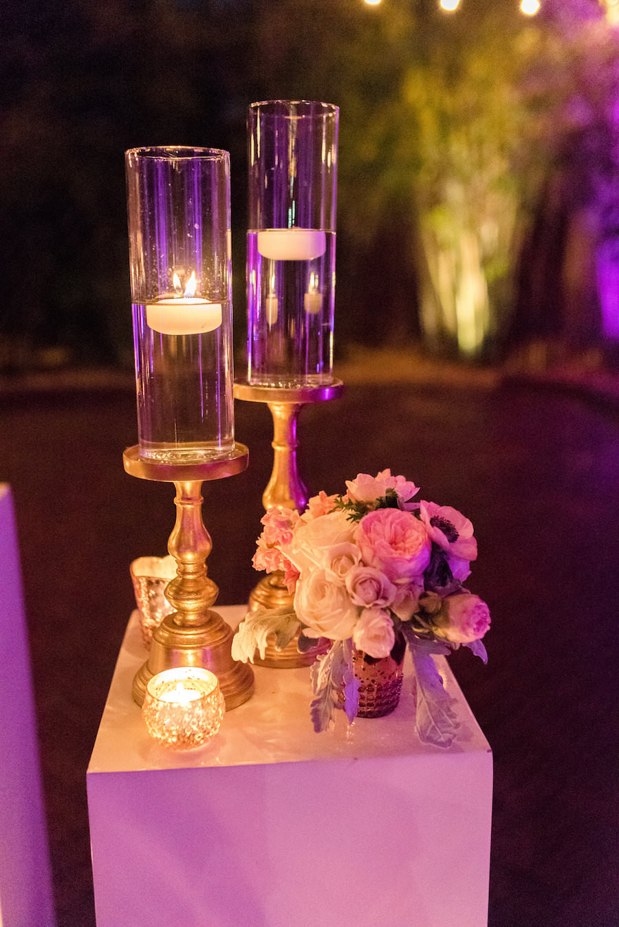 St. Petersburg Outdoor Wedding Ceremony Decor with White and Pink Flowers and Candlelight | Downtown St. Pete Wedding Venue NOVA 535