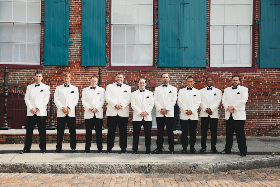 Groom and Groomsmen Wedding Portrait with White Jacket Tuxedos and Black Pants | Tampa Wedding Photographer Roohi Photography