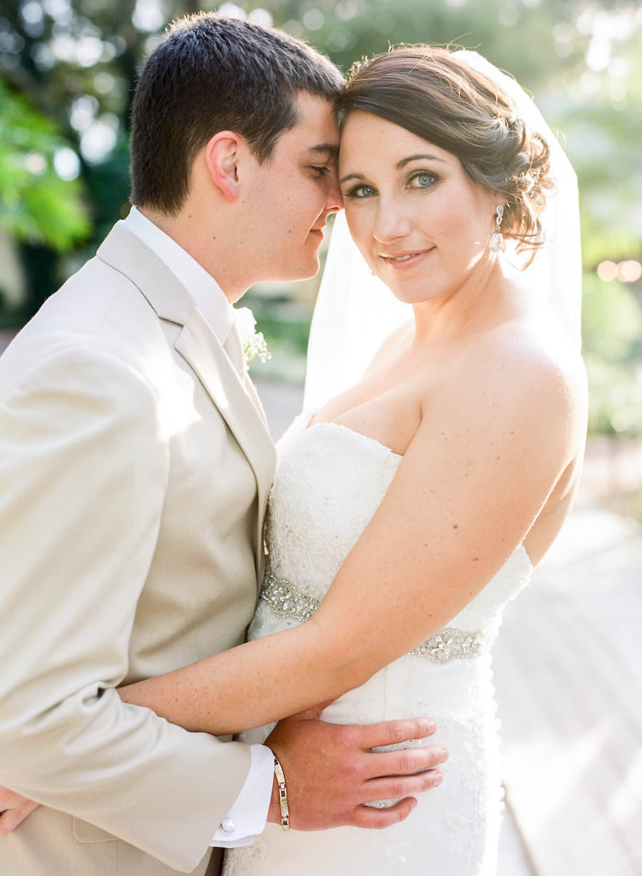 Wedding Portrait of Bride in Strapless Wedding Gown with Groom in Tan Suit | KT Crabb Photography