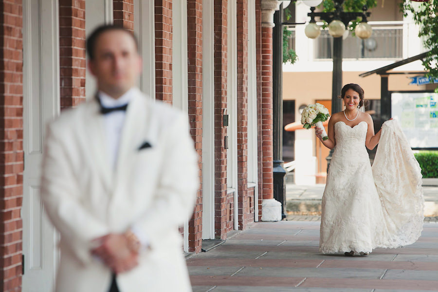 Bride and Groom First Look Wedding Portrait in Ybor City | Tampa Wedding Photographer Roohi Photography