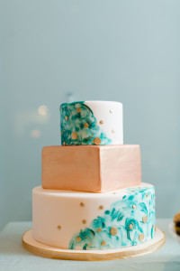 Round and Square Geometric Turquoise and Gold Wedding Cake