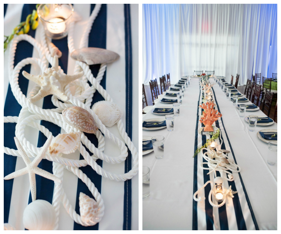Nautical Inspired Wedding Reception Decor with Blue and White Table Runner and Sea Shell, Rope and Candle Centerpieces on Long Feasting Tables