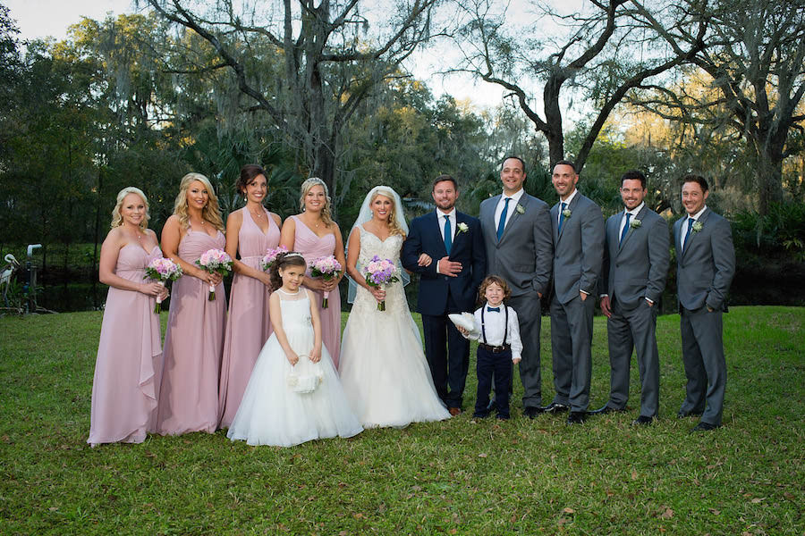 Outdoor Bridal Party Wedding Portrait with Blush Bridesmaids Dresses and Grey Groomsmen Suits | Plant City Wedding Photographer Jeff Mason Photography