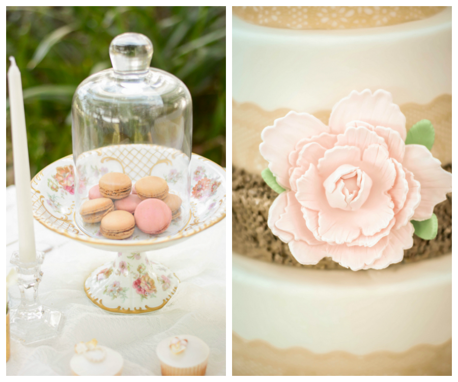 Wedding Reception Dessert Table with Blush and Gold Macarons on Vintage Serving Plate | Gumpaste Flower Detail on Burlap Ribbon Wedding Cake