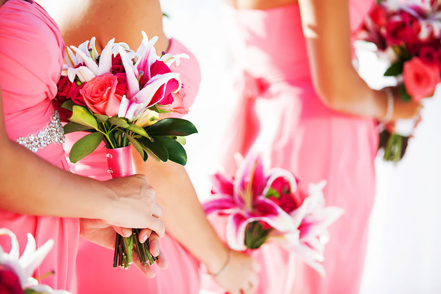 Beach Wedding Ceremony, Pink Bridesmaids Dresses and Pink and White Floral Bouquets | Clearwater Beach Wedding Florist Iza's Flowers