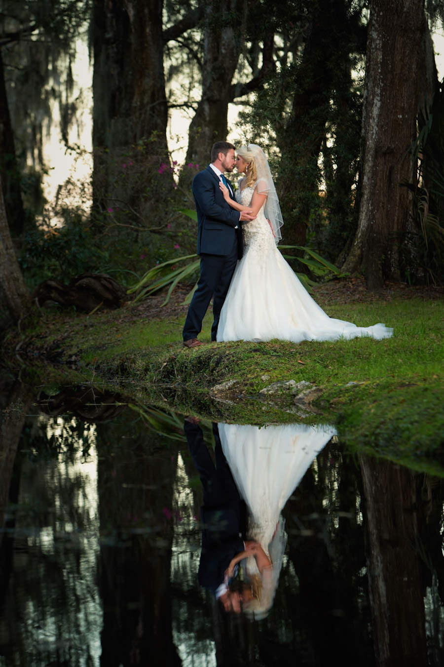 Bride and Groom, Outdoor Bridal Wedding Portrait by Lake with Reflection | Plant City Wedding Photographer Jeff Mason Photography