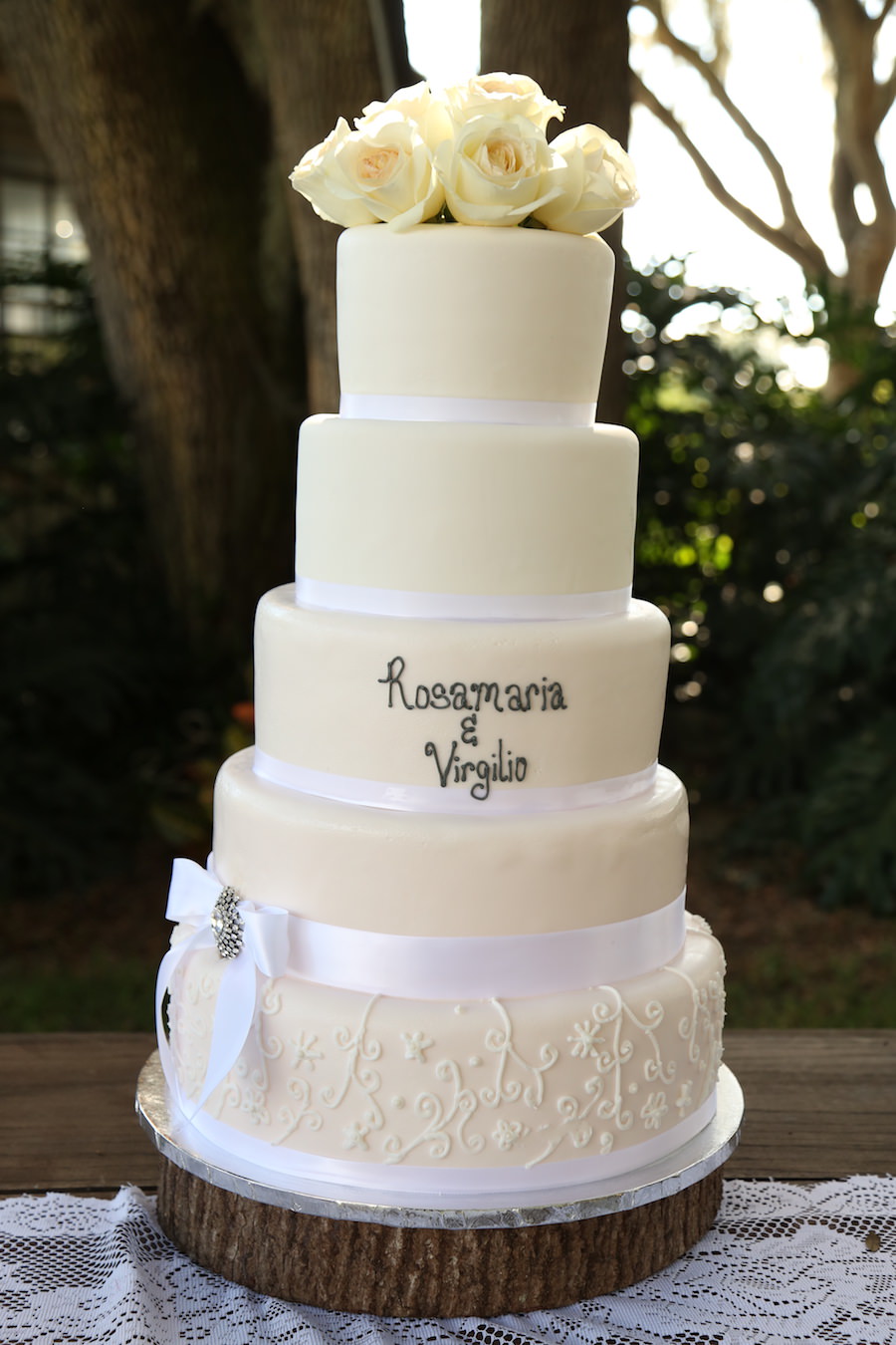 Five Tiered White Classic Round Wedding Cake with Bride and Groom Name