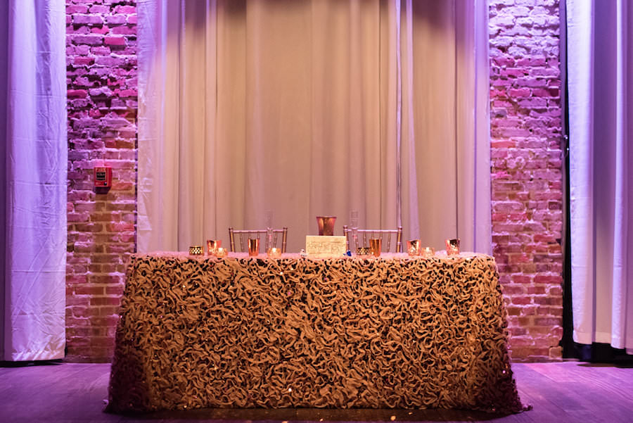 Modern, Romantic Wedding Reception Sweetheart Table With Textured Linen, Golf Candles and Chiavari Chairs | Downtown St. Pete Wedding Venue NOVA 535