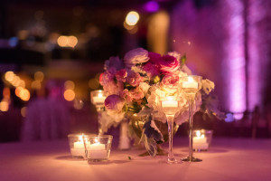 Modern, Romantic Wedding Reception Table Decor with Pink and White Flower Centerpieces and Tea Lights and Pink Uplighting | St. Pete Wedding Venue NOVA 535