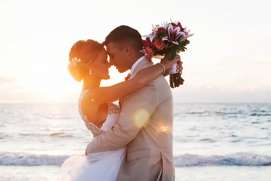 Clearwater Beach, Waterfront Sunset Bride and Groom Wedding Portrait | Clearwater Beach Wedding Photographer Limelight Photography