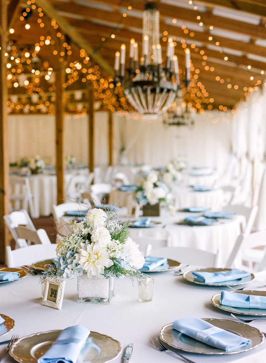 Wedding Reception Tablescape with Champagne Gold Charger Plates and Light Blue Linen Napkins with Low White and Light Blue Hydrangea Centerpieces