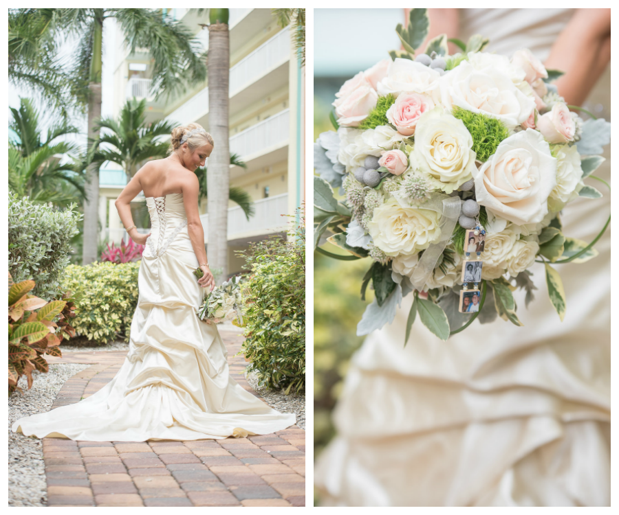 Outdoor Bridal Wedding Portrait in Strapless, Ivory Wedding Dress and Pink, Blush and Ivory Floral Rose Wedding Bouquet with Succulents | St. Petersburg Wedding Photographer Kristen Marie Photography