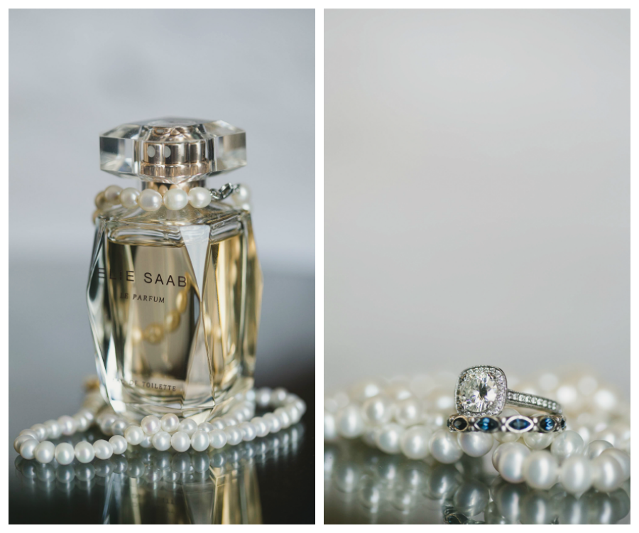 Getting Ready Wedding Details, Bride's Elie Saab Perfume, Pearl Necklace, and Engagement Ring Jewelry