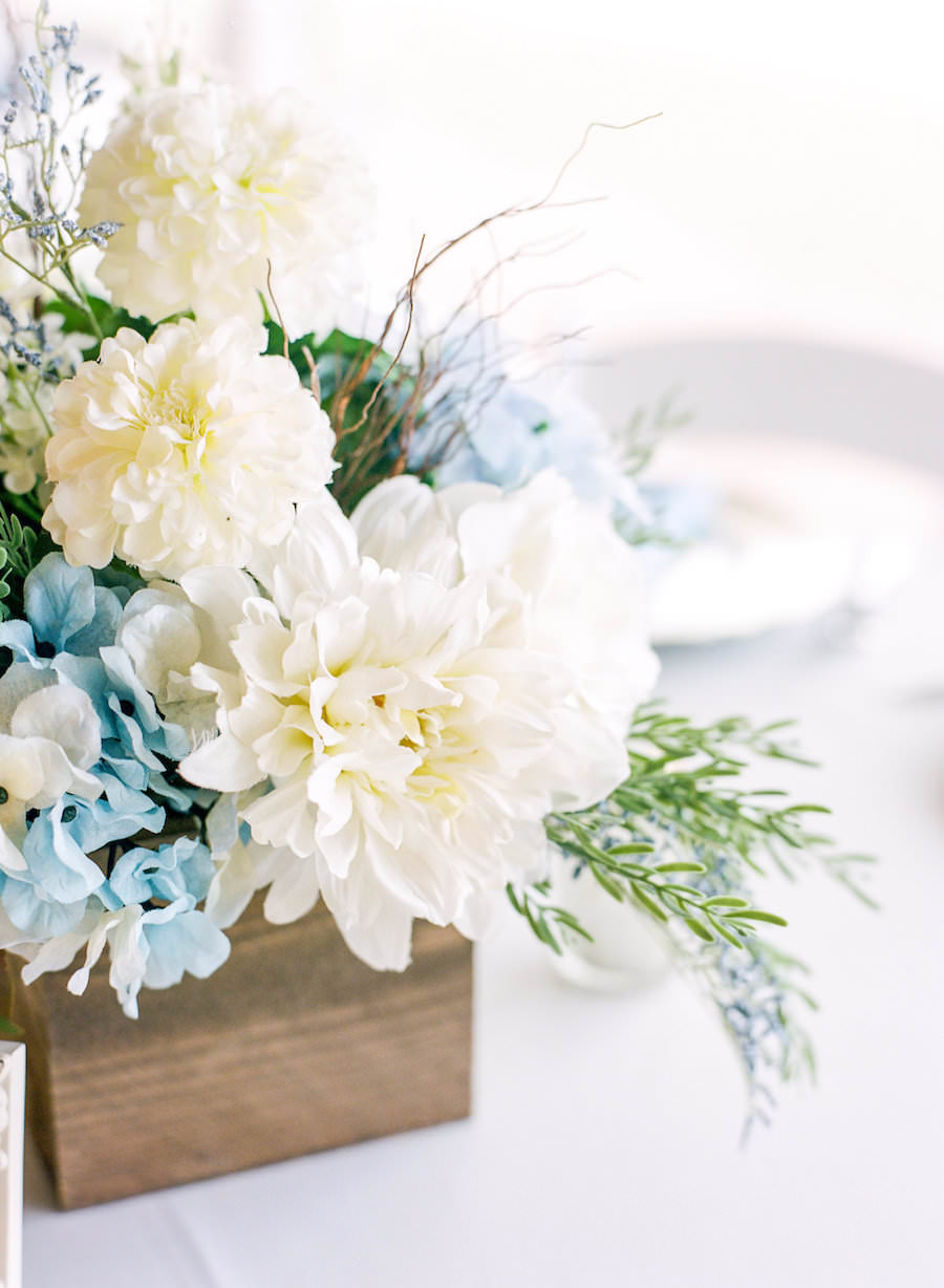 Rustic Wooden Wedding Centerpieces with White and Light Blue Flowers