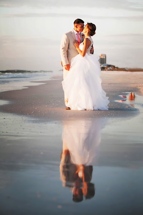 Clearwater Beach, Waterfront Bride and Groom Wedding Portrait with Reflection | Clearwater Beach Wedding Photographer Limelight Photography