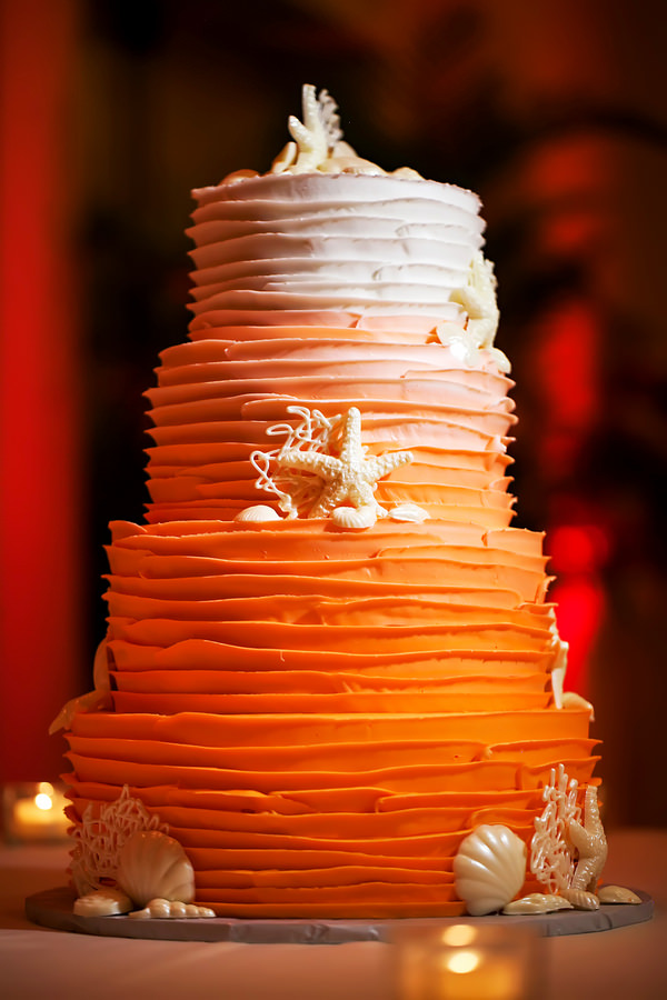 Clearwater Beach Wedding Reception 3 Tiered Coral Ombre Wedding Cake with Starfish Details