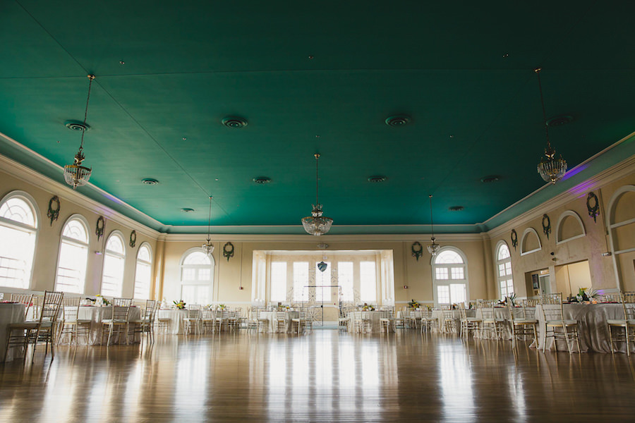 Indoor, Ybor City Wedding Reception Venue with Wood Floors and Green Ceiling with Chandeliers | The Cuban Club