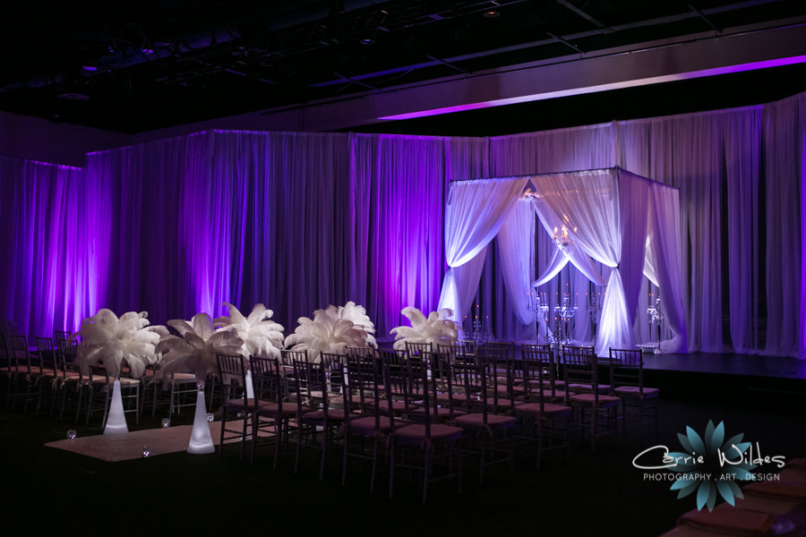 Purple Uplighting and Draping with PinSpots for Tampa Wedding Reception at A La Carte Shrine Pavilion from Gabro Events | Photo Carrie Wildes Photography