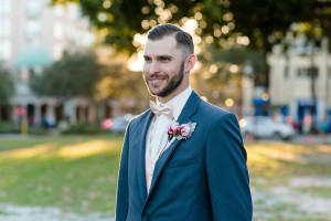 Outdoor, St. Pete Groom Wedding Portrait in Grey Suit and Pink Bowtie | St. Petersburg Wedding Photographer Caroline & Evan Photography