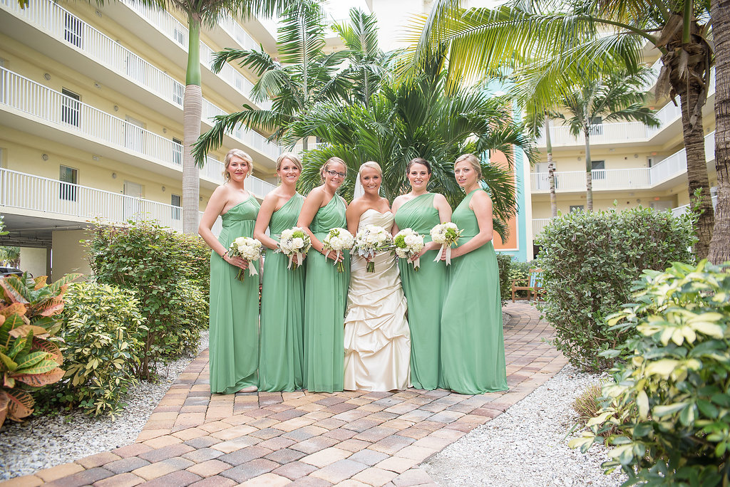 Bridal Party Wedding Portrait with Green David's Bridal Bridesmaids Dresses and Ivory, Strapless Wedding Dress | St, Petersburg Wedding Photographer Kristen Marie Photography