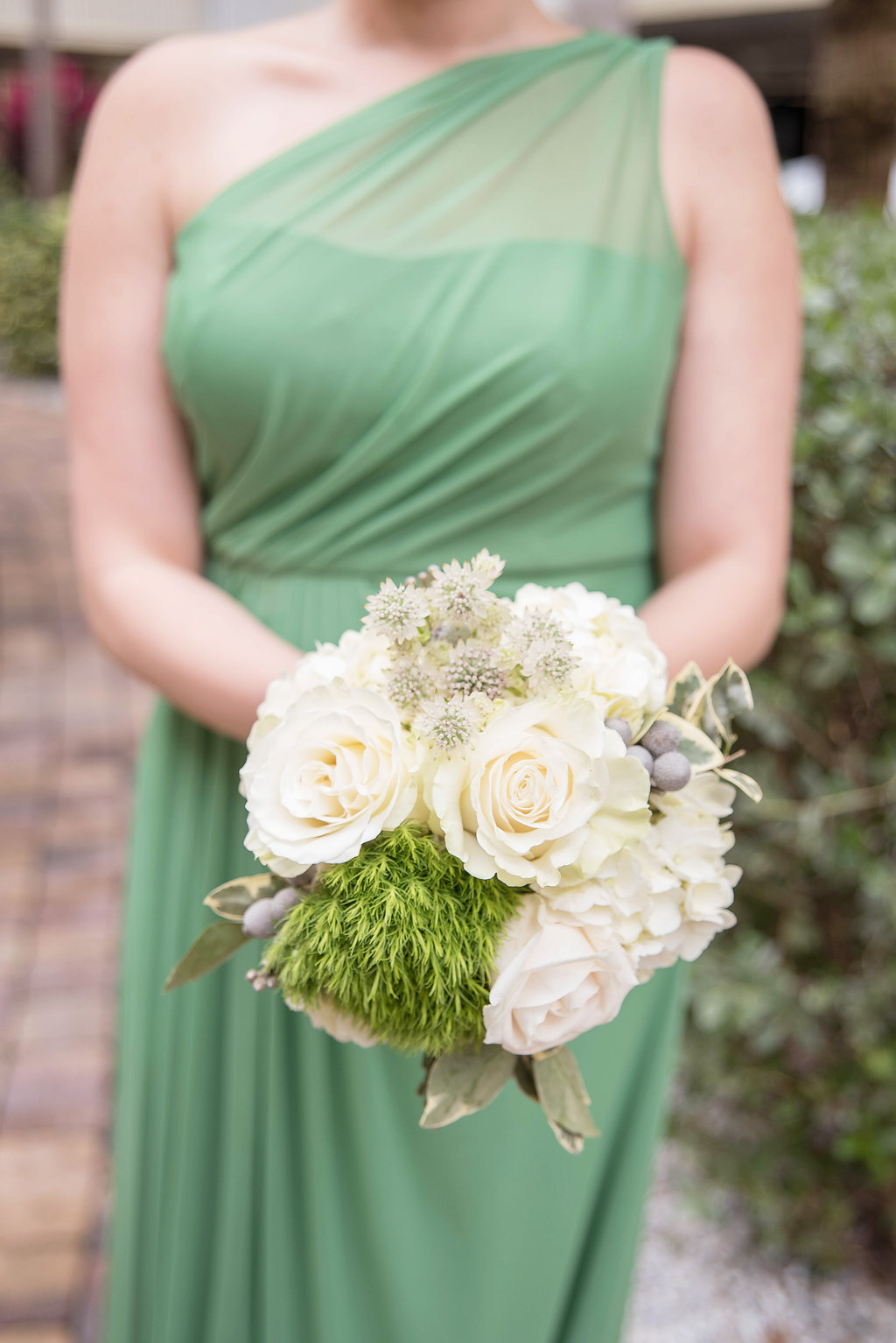 Green David's Bridal Bridesmaids Dress with Ivory Wedding Bouquet of Flowers with Roses, Succulents and Greenery