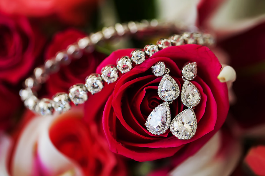 Clearwater Beach Bridal Diamond Wedding Bracelet and Earrings Jewelry Detail on Roses