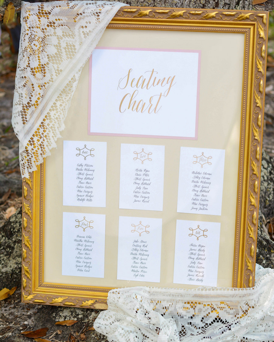 Vintage Gold Frame Wedding Seating Chart with Lace Accent and Calligraphy Script Detail