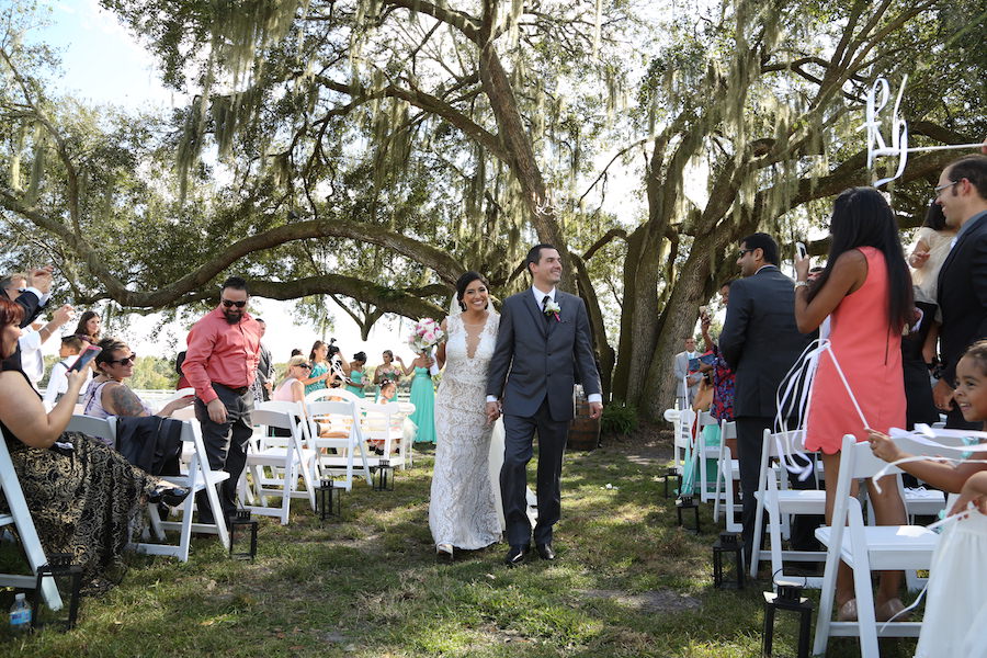 Florida Bride and Groom Outdoor, Rustic Wedding Ceremony Recessional at Lakeland Wedding Venue Rocking H Ranch