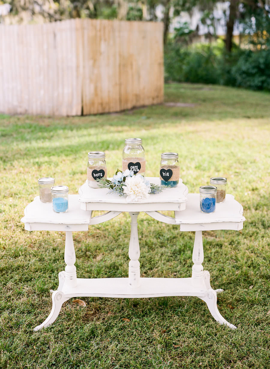 Rustic Shabby Chic Wedding Sand Ceremony Table with Mason Jars and Burlap Detail