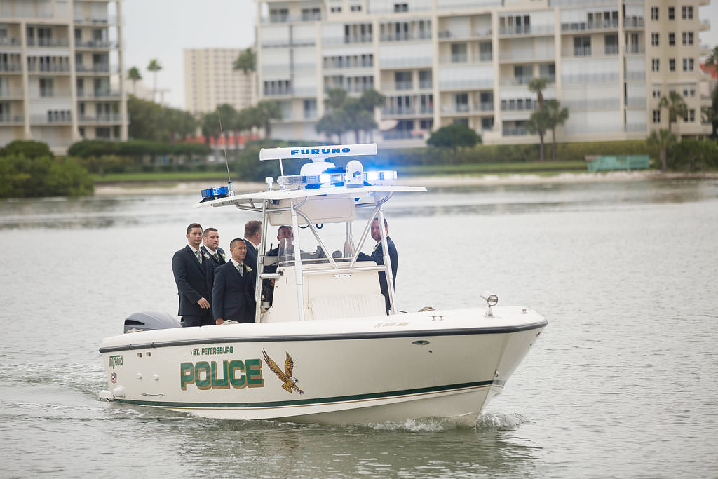 St. Petersburg Waterfront Wedding Entrance with Police Boat Escort Groom and Groomsmen Transportation Arrival