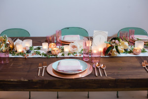 Blush Pink Centerpieces and Tablescape on Wooden Farm Table with Turquoise Green Chairs