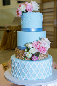 Baby Blue and White Round Wedding Cake with Gold Sequins and White and Pink Flowers Tampa Wedding Cake The Artistic Whisk | Tampa Wedding Photographer Knight Light Imagery