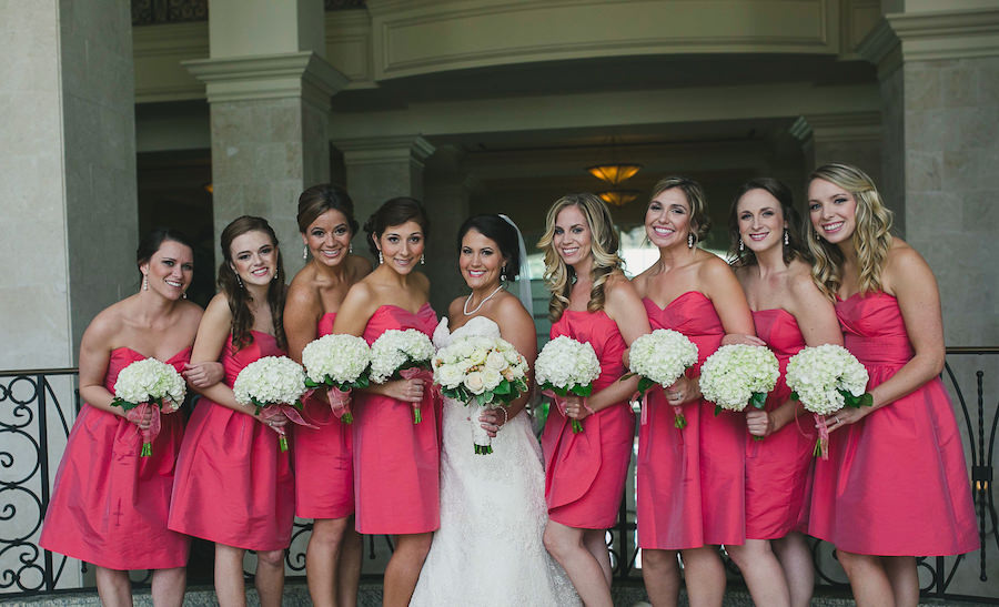 Bride and Bridesmaids Wedding Portrait with Ivory Lace Wedding Dress and Pink, Short Bella Bridesmaid Dresses | Tampa Wedding Photographer Roohi Photography