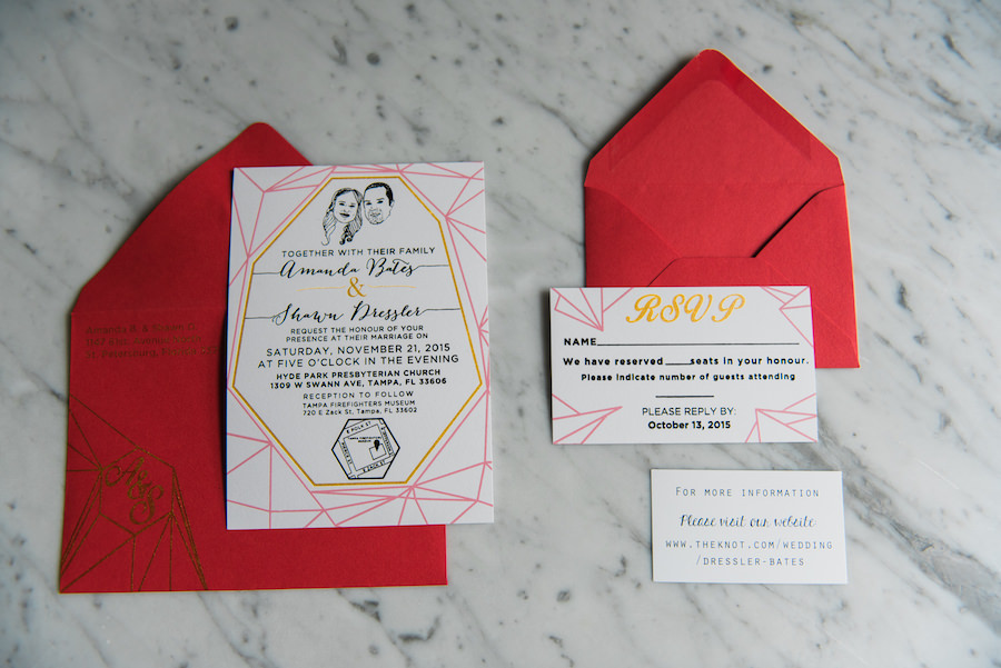 Caricature Drawing Pink, Yellow and Red Wedding Invitation and Suite