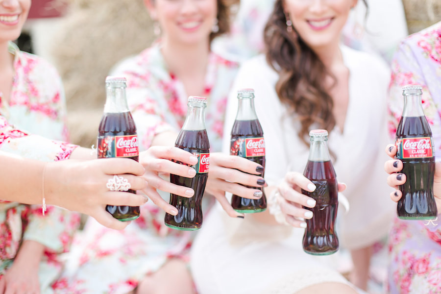 Getting Ready Wedding Portrait Bridesmaids in Robes with Glass Coke Bottles