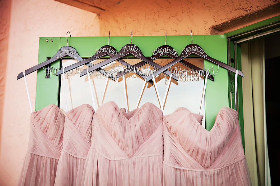 Jim Hjelm Blush Pink Wedding Bridesmaid Dresses from Bella Bridesmaids with Custom Wire Hangers| St. Pete Wedding Photographer Limelight Photography