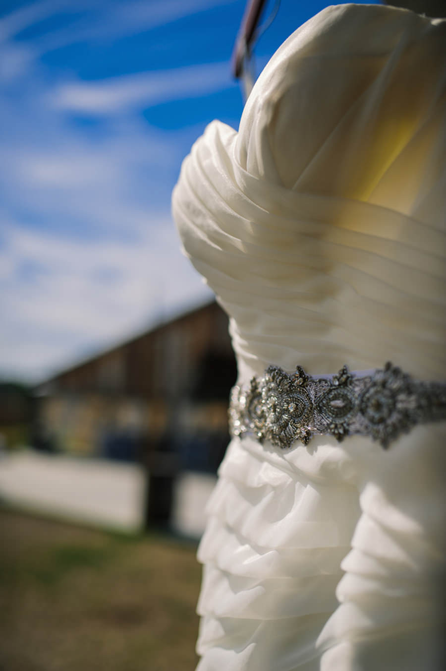 White Stella York Sweetheart Wedding Dress with Layered Ruffles and Beaded, Rhinestone Crystal Belt