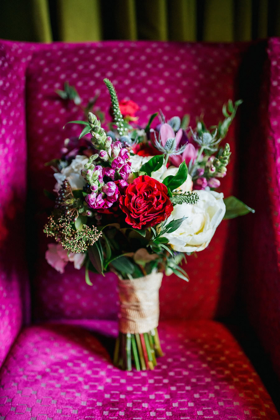 Red and Pink Wedding Bouquet with Greenery