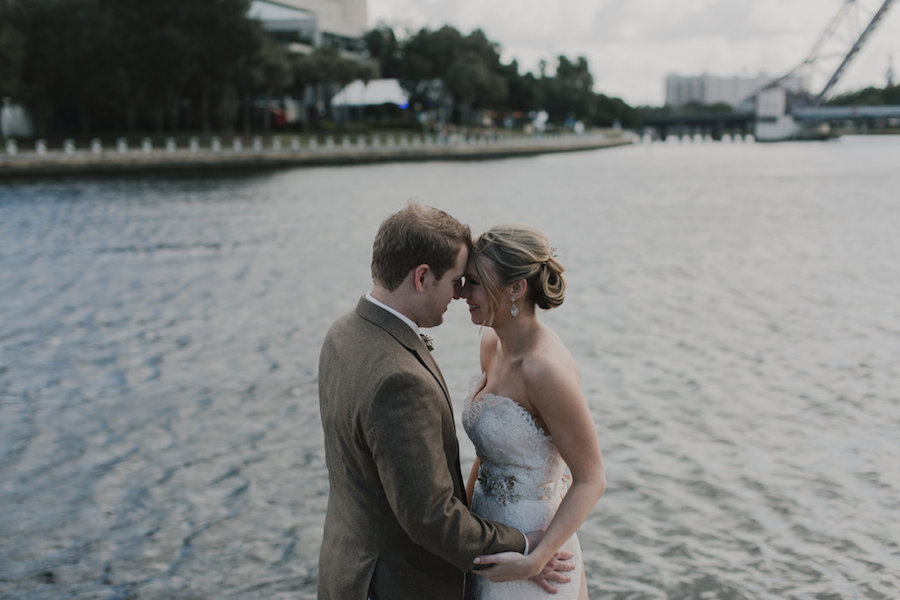 Outdoor, Downtown Tampa Waterfront Bride and Groom Wedding Portrait in Tan Suit and Ivory, Strapless JLM Couture Wedding Dress | | Tampa Wedding Makeup Artist Lindsay Does Makeup